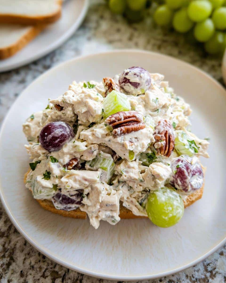 A scoop of creamy High-Protein Chicken Salad topped with red and green grapes and pecans, served on toast.
