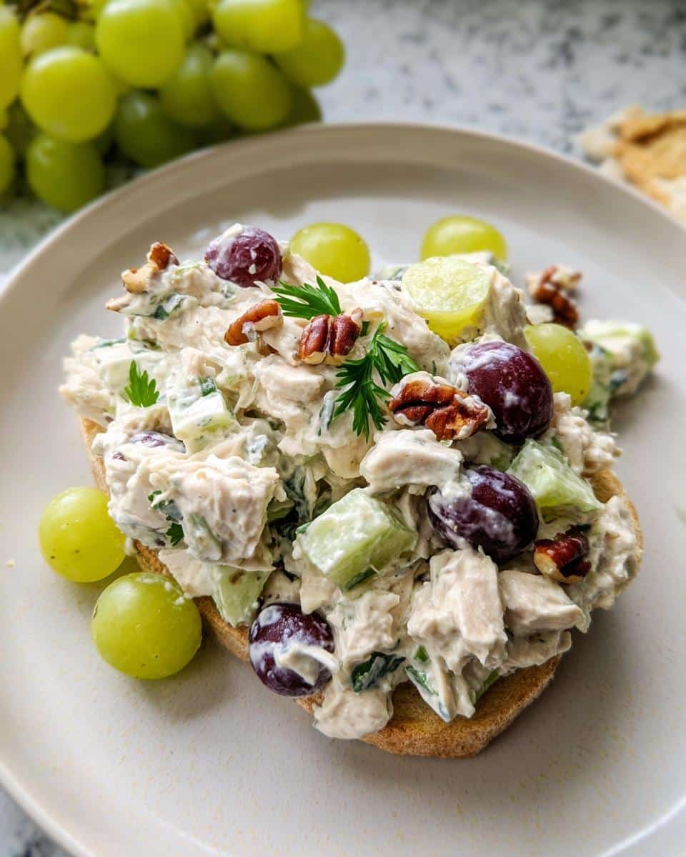 A scoop of High-Protein Chicken Salad topped with red and green grapes and pecans, served on toast.
