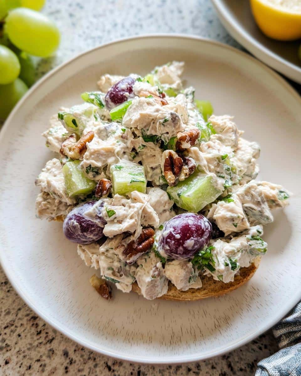 A scoop of creamy High-Protein Chicken Salad featuring chicken chunks, celery, pecans, and red grapes, served on toast.