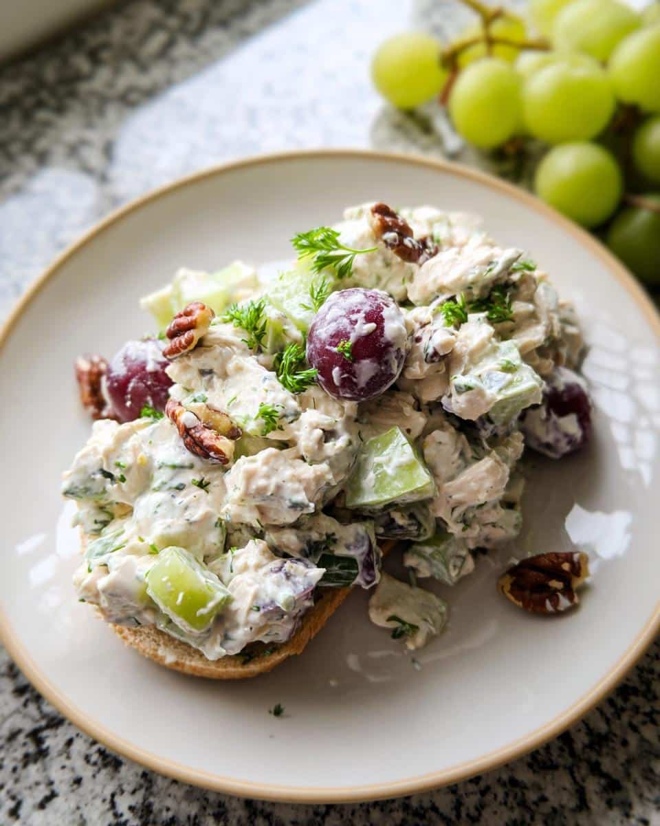 A serving of creamy High-Protein Chicken Salad topped with red grapes and pecans on a slice of bread.