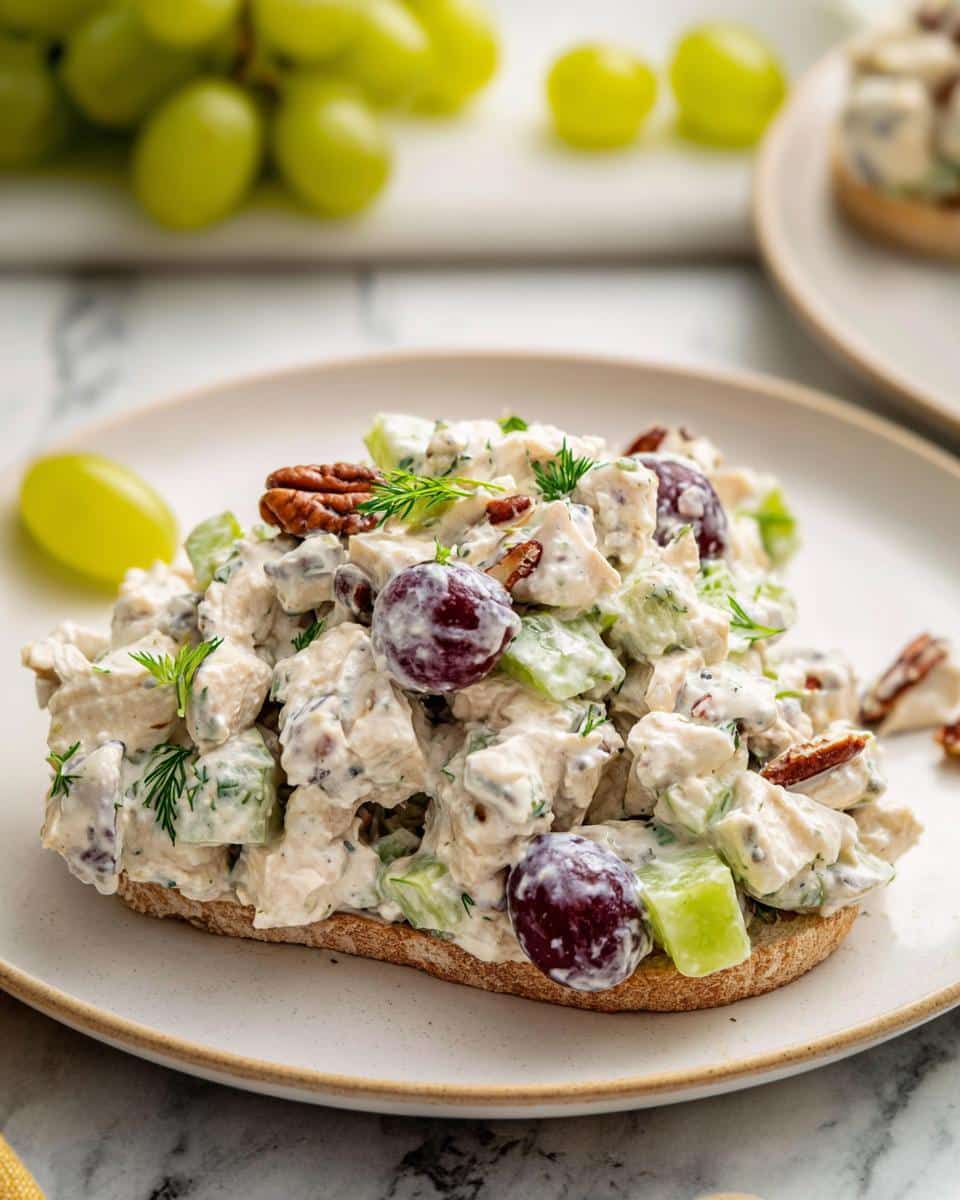 Close-up of High-Protein Chicken Salad with grapes and pecans served open-faced on bread.
