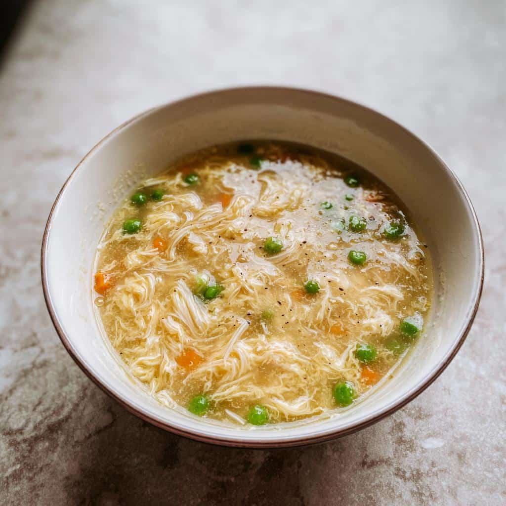 A close-up of a bowl of High-Protein Egg Drop Soup featuring wispy egg ribbons, bright green peas, and diced carrots.
