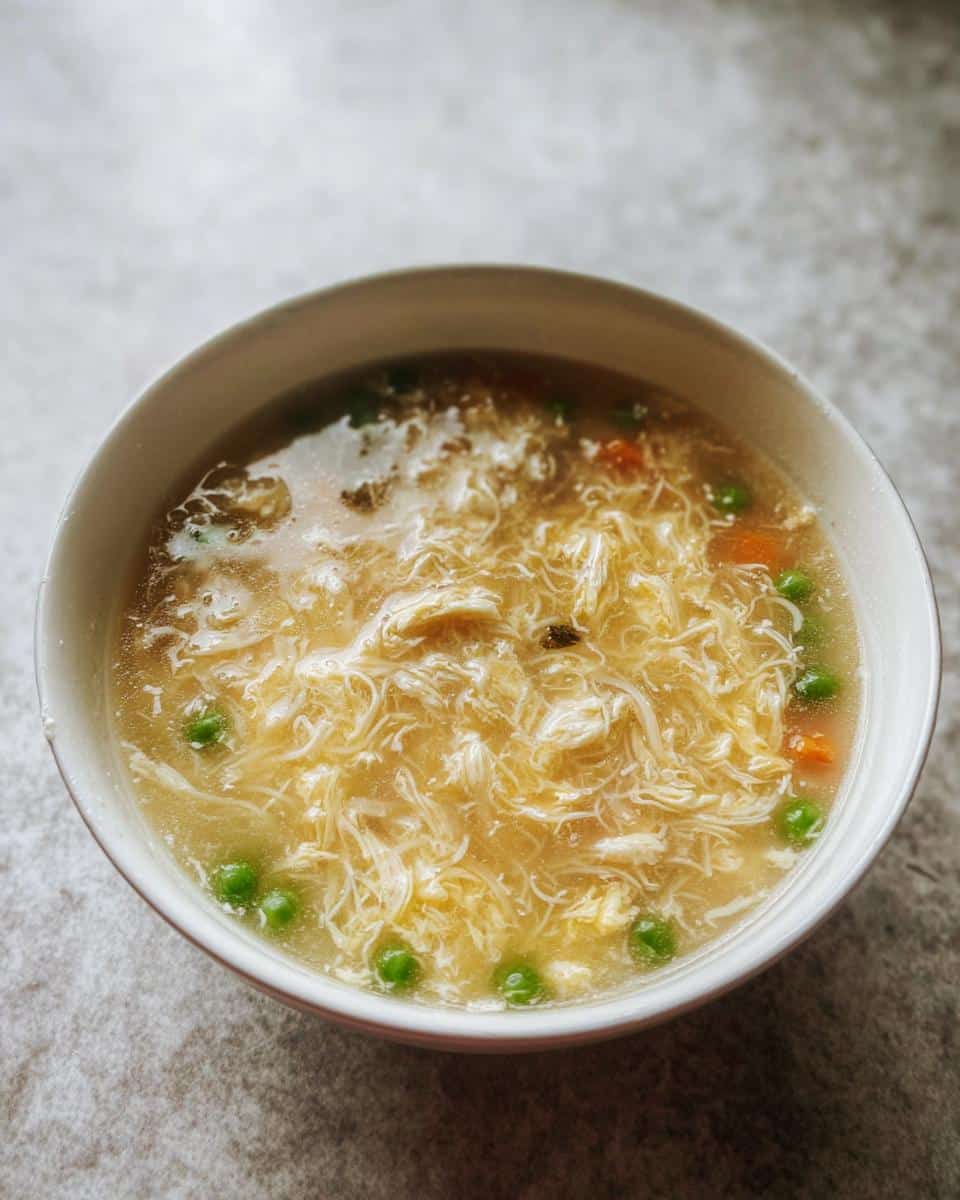 A close-up of a bowl of High-Protein Egg Drop Soup featuring fine egg ribbons, green peas, and diced carrots in a savory broth.