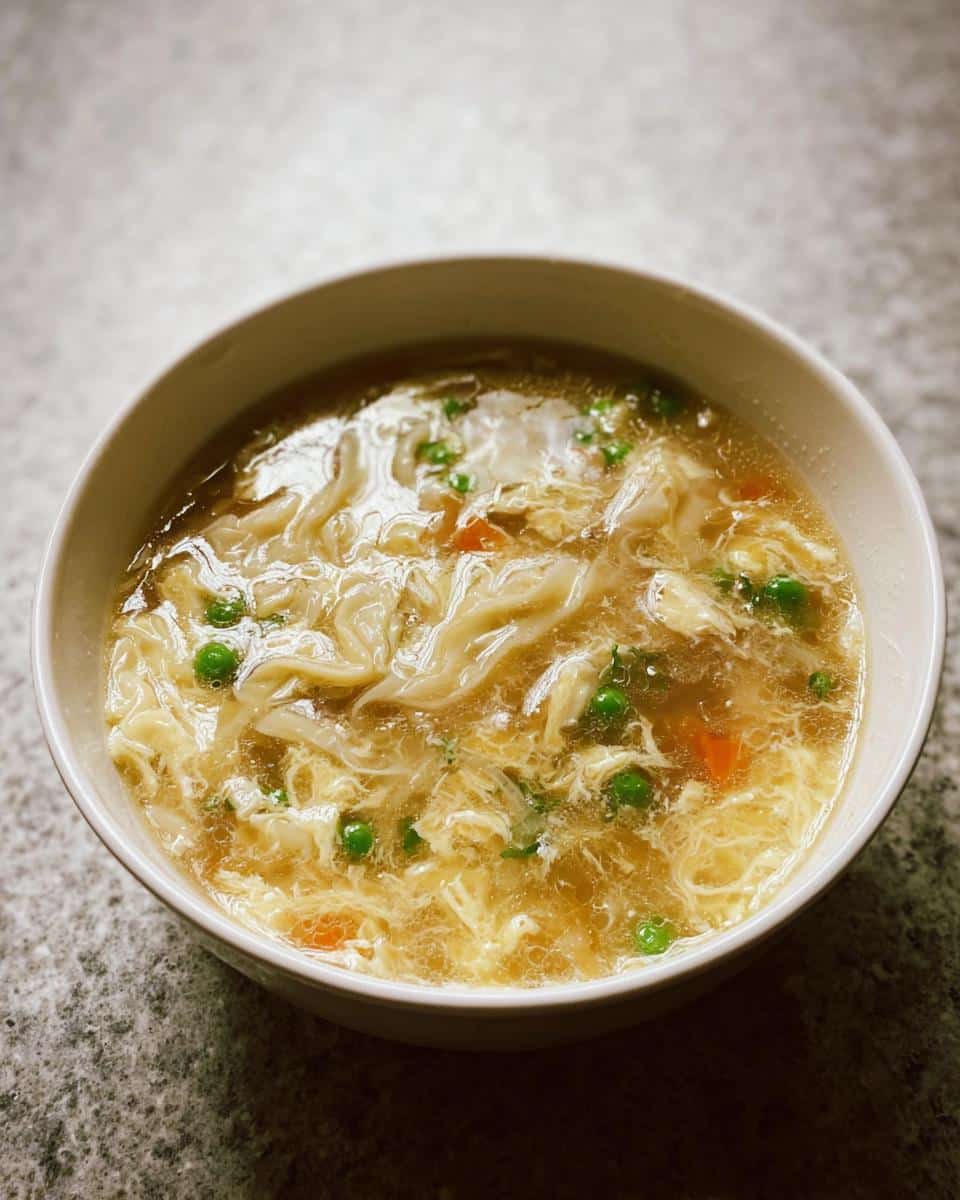 Close-up of a white bowl filled with High-Protein Egg Drop Soup featuring ribbons of egg, peas, and carrots in broth.