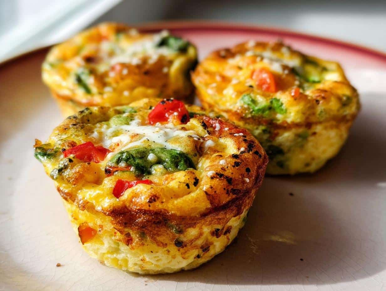 Three golden-brown High-Protein Egg Muffins topped with melted cheese, red peppers, and spinach on a light plate.