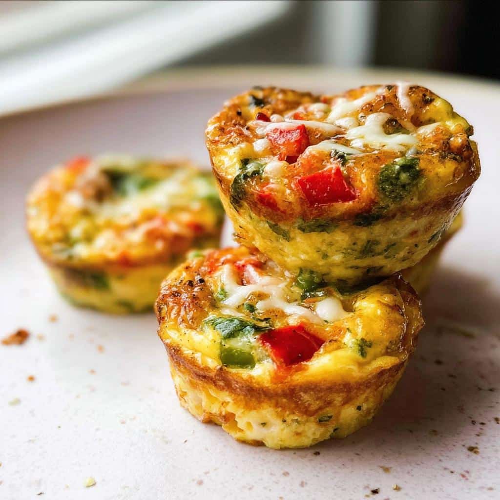 A stack of three baked High-Protein Egg Muffins topped with melted cheese and visible pieces of red and green bell pepper.