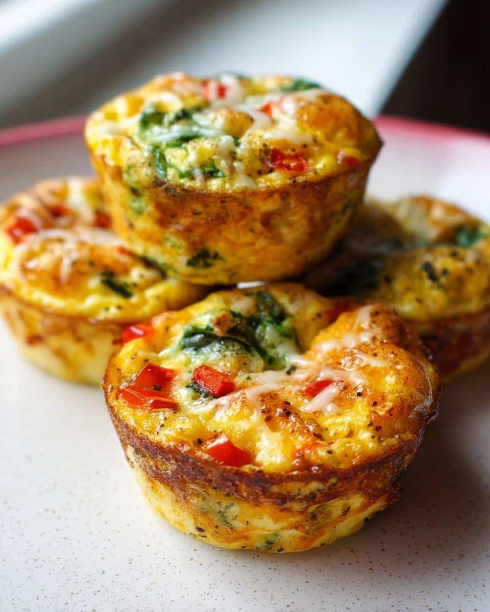 Close-up of several golden-brown High-Protein Egg Muffins topped with melted cheese, spinach, and red peppers.