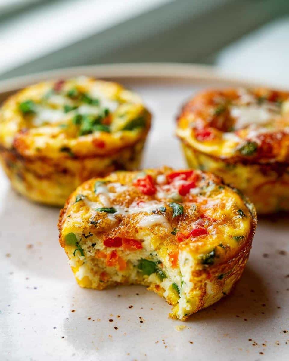 Close-up of a High-Protein Egg Muffin with a bite taken out, showing colorful vegetables inside.