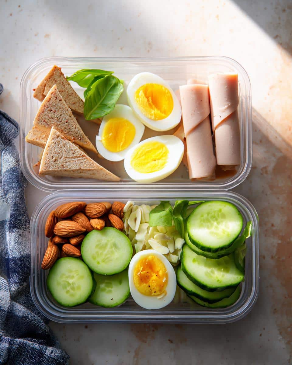 Two clear containers showing components of High-Protein Snack Boxes: hard-boiled eggs, almonds, cucumber slices, ham rolls, and toast triangles.