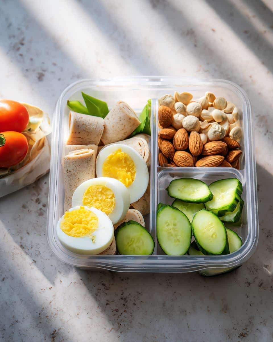 A clear plastic container showing ingredients for High-Protein Snack Boxes: sliced hard-boiled eggs, turkey roll-ups, almonds, macadamia nuts, and cucumber slices.