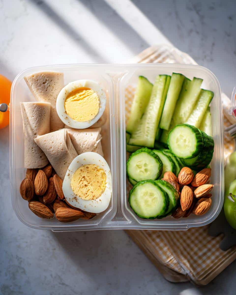 Overhead view of a High-Protein Snack Box containing sliced hard-boiled eggs, rolled deli meat, almonds, and cucumber sticks.