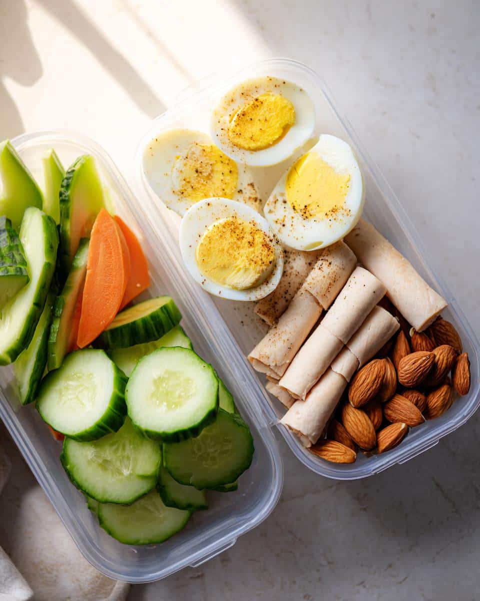 Two clear containers showing ingredients for High-Protein Snack Boxes: hard-boiled eggs, rolled turkey, almonds, cucumbers, and carrots.