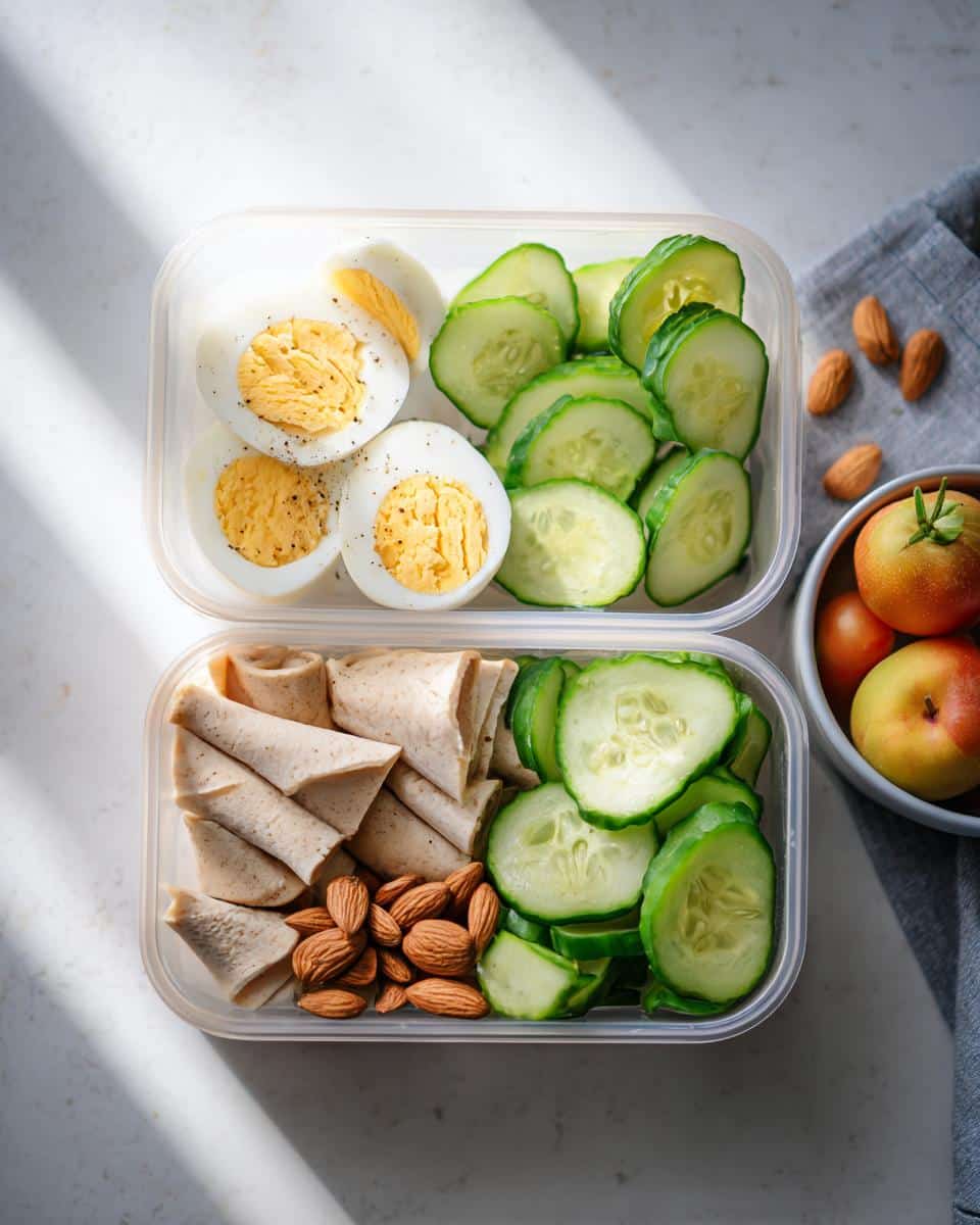 Two clear containers showing ingredients for High-Protein Snack Boxes: hard-boiled eggs, sliced cucumbers, rolled deli meat, and almonds.