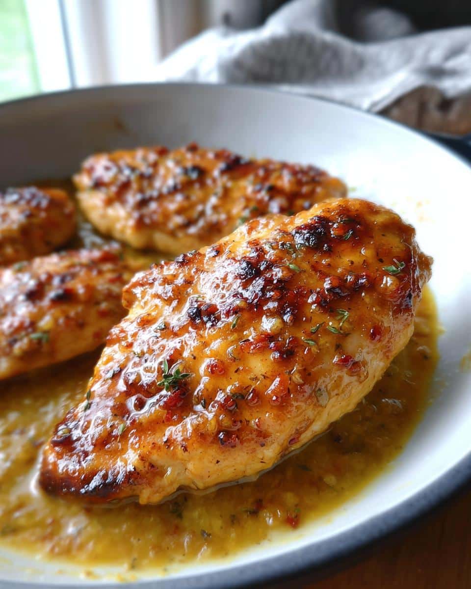 Close-up of perfectly cooked Honey Mustard Chicken breasts covered in a thick, glossy, caramelized glaze.