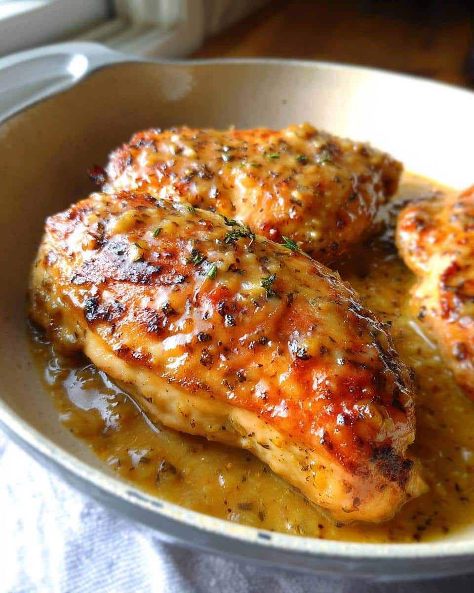 Close-up of juicy Honey Mustard Chicken breasts covered in a thick, savory glaze with herbs.