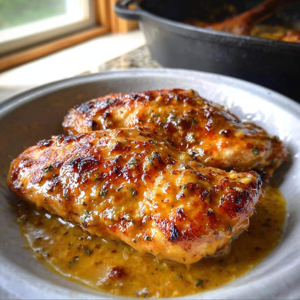 Two perfectly cooked Honey Mustard Chicken breasts covered in a thick, glossy sauce served in a light-colored bowl.