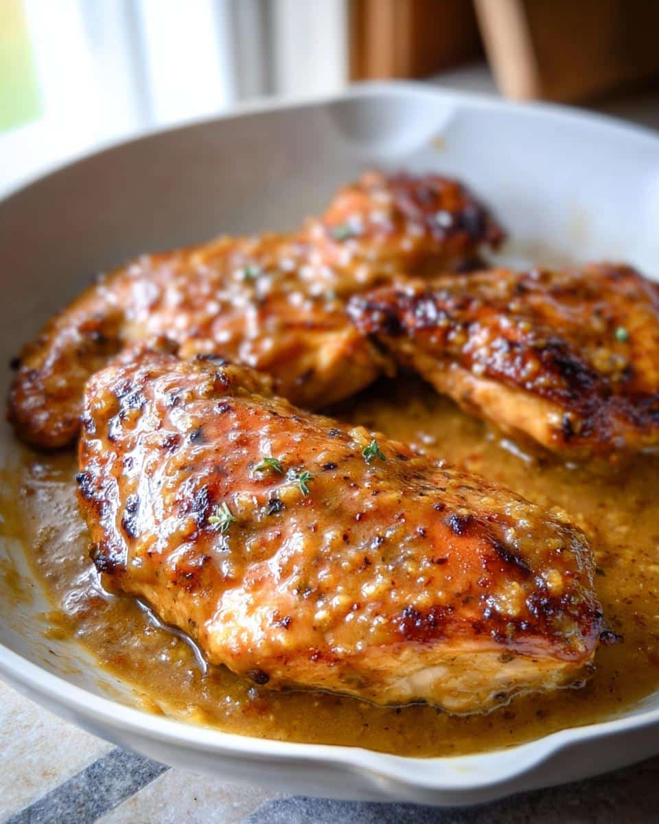 Close-up of three pieces of Honey Mustard Chicken glazed with a thick, savory sauce in a white dish.