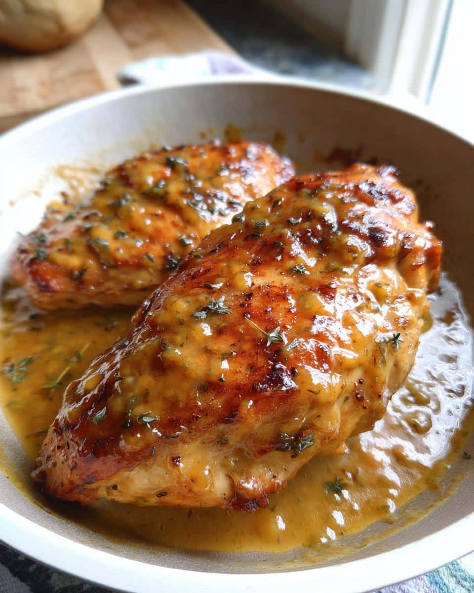 Two golden-brown chicken breasts covered in a glossy Honey Mustard Chicken sauce and fresh thyme.