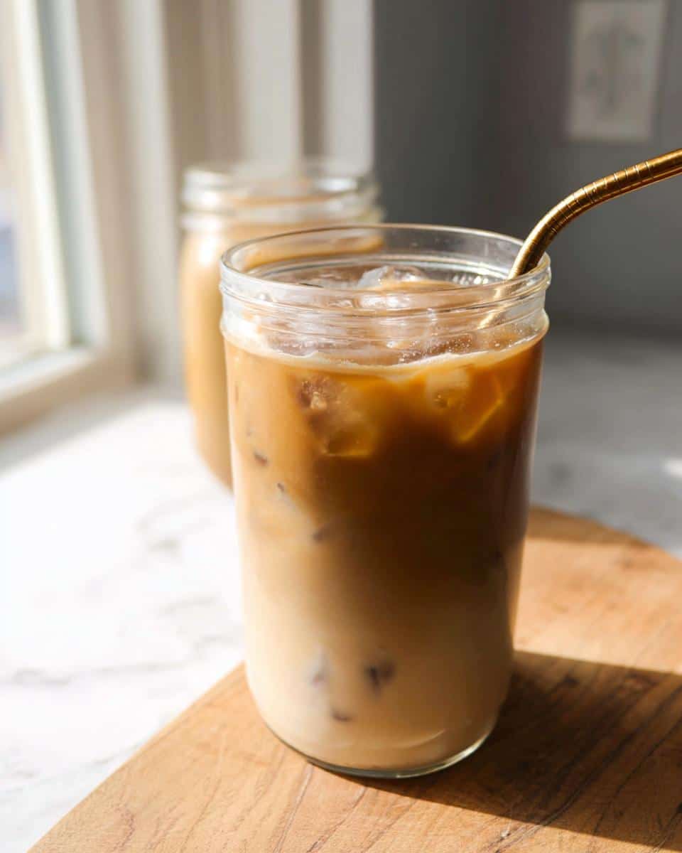Close-up of a tall glass jar filled with layered Iced Protein Coffee and ice, featuring a gold reusable straw.
