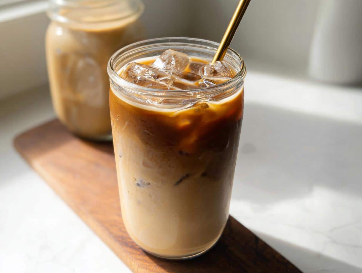 Close-up of a tall glass of layered Iced Protein Coffee with ice cubes and a gold straw.
