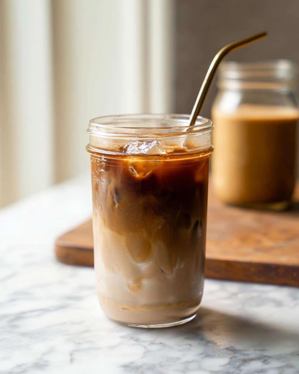 Close-up of Iced Protein Coffee showing rich layers of dark espresso mixing with creamy milk over ice, served with a metal straw.