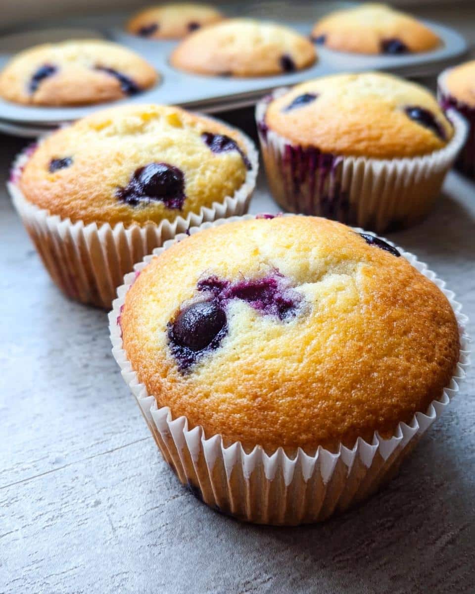 Close-up of freshly baked Keto Blueberry Breakfast Muffins with golden tops and visible blueberries.