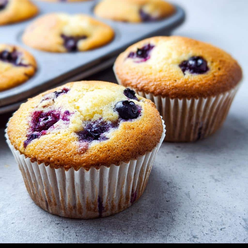 Two freshly baked Keto Blueberry Breakfast Muffins in white liners sit on a gray surface, with a muffin tin visible in the background.