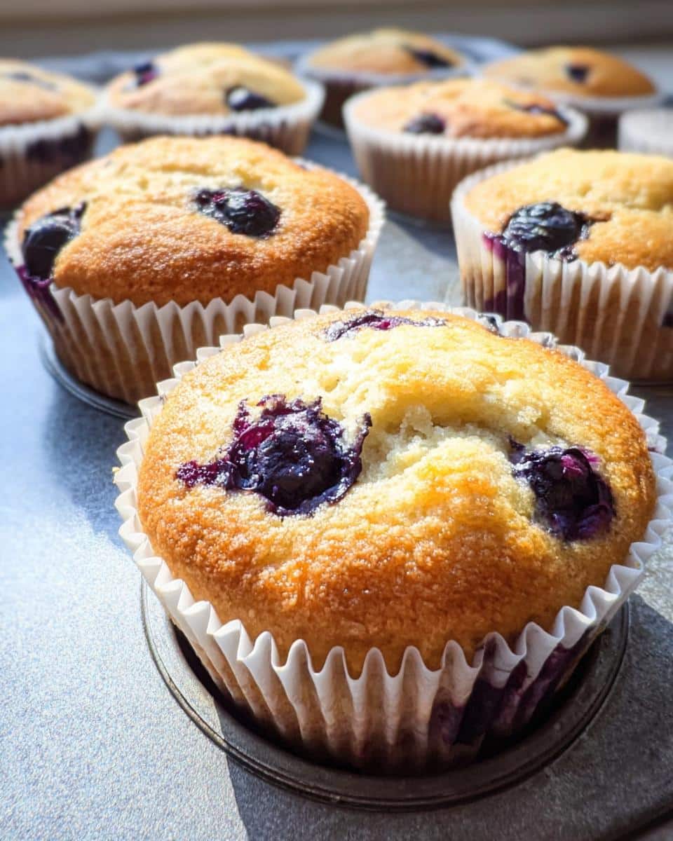 Close-up of a golden-brown Keto Blueberry Breakfast Muffin in a white paper liner, with more muffins blurred in the background.