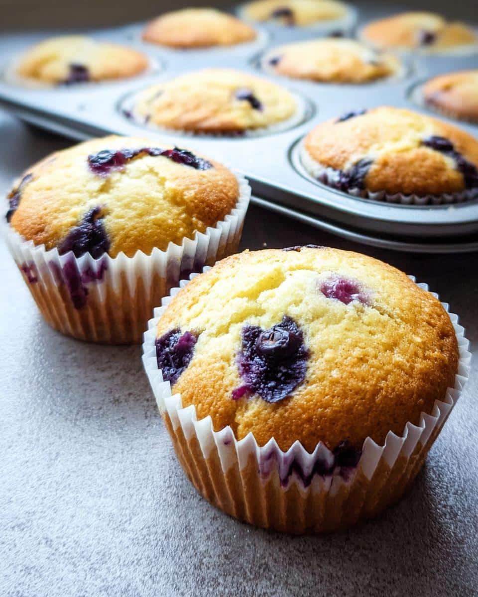 Two freshly baked Keto Blueberry Breakfast Muffins in white liners, with more muffins visible in a baking tray behind them.