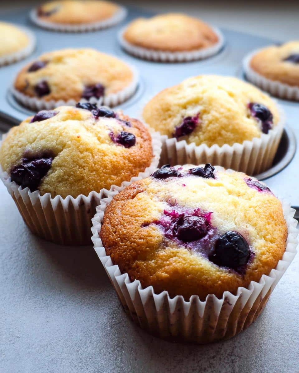 Close-up of golden-brown Keto Blueberry Breakfast Muffins cooling in a muffin tin, studded with dark blueberries.