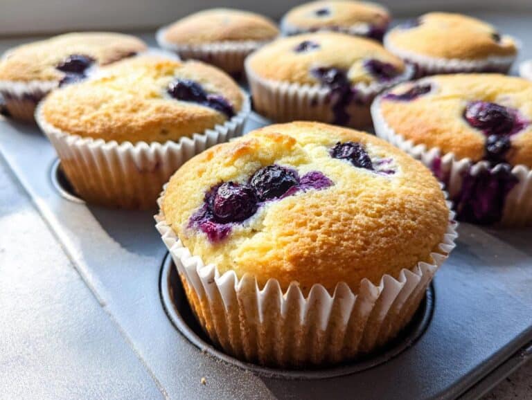 Close-up of golden Keto Blueberry Breakfast Muffins cooling in a metal muffin tin, featuring visible blueberries.