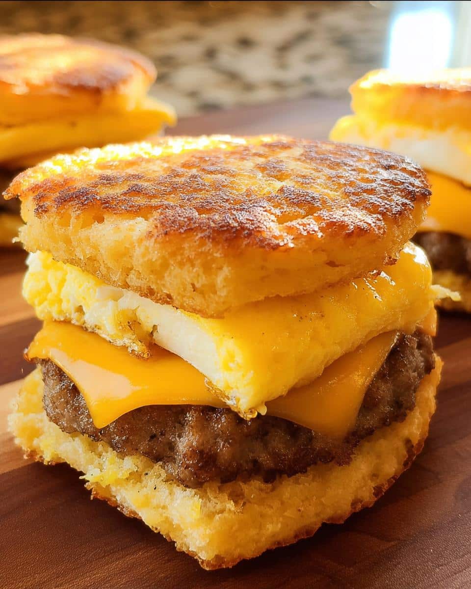 A close-up of one of the Keto Breakfast Biscuit Sandwiches featuring a golden biscuit, sausage patty, melted cheese, and folded egg.
