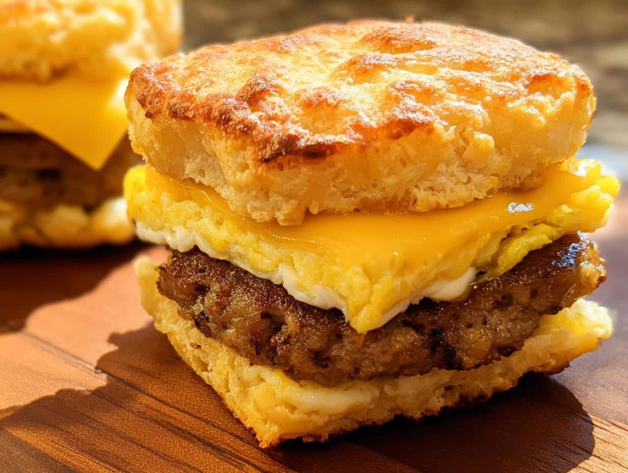 A close-up of a delicious Keto Breakfast Biscuit Sandwiches featuring a sausage patty, folded egg, and melted cheese.