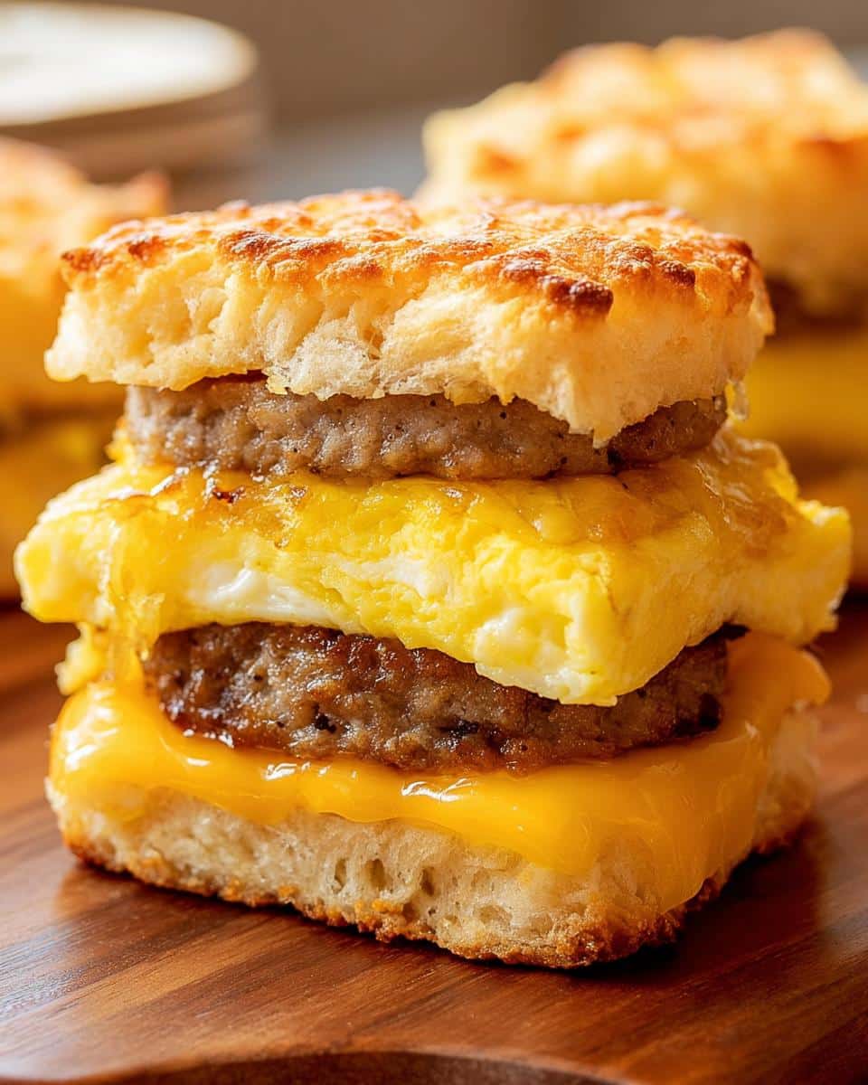 Close-up of a stacked Keto Breakfast Biscuit Sandwiches featuring sausage, egg, and melted cheese between two biscuits.