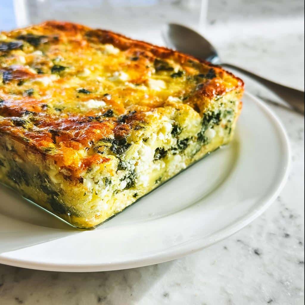 A close-up, appetizing slice of Keto Breakfast Casserole with Spinach & Feta on a white plate.
