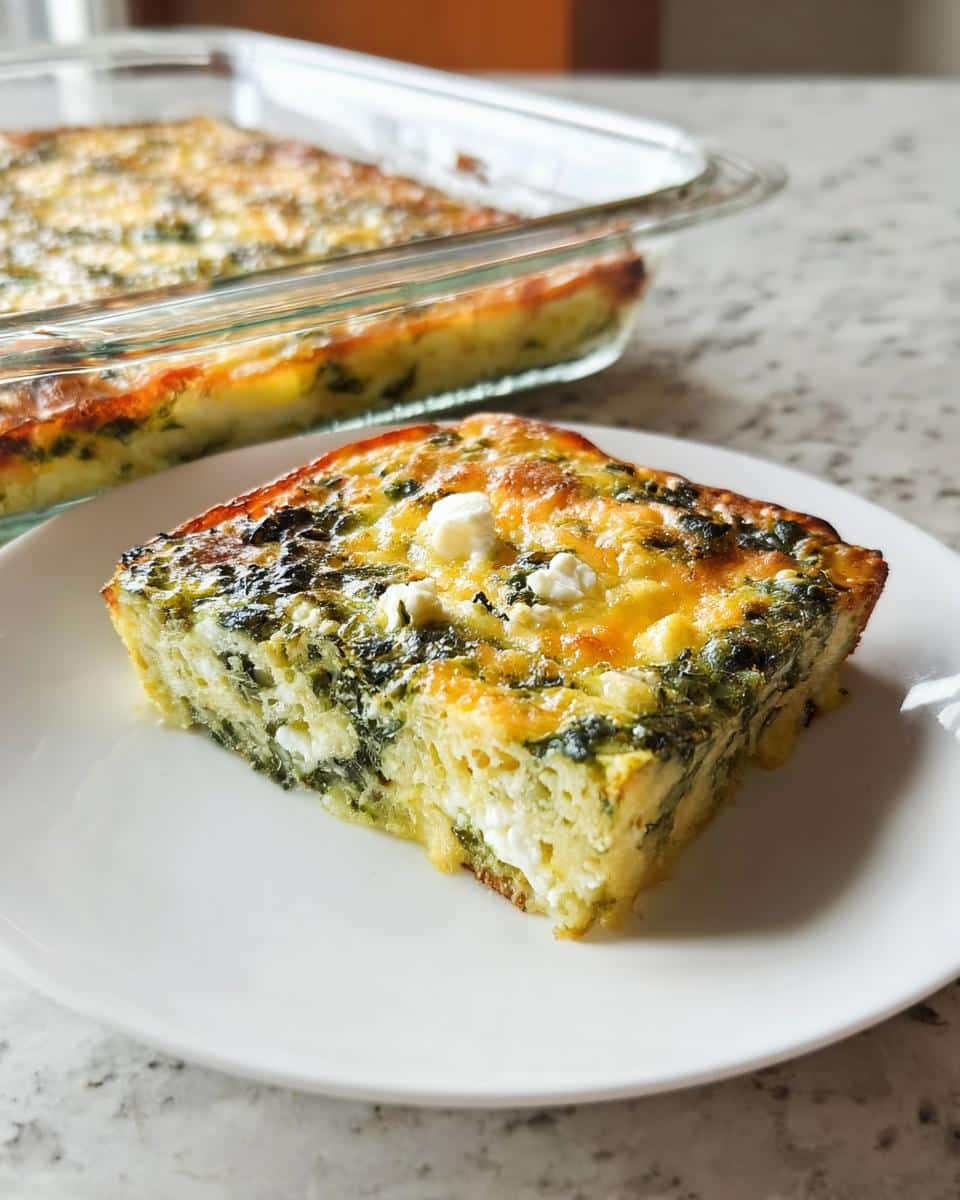 A square slice of Keto Breakfast Casserole with Spinach & Feta served on a white plate, with the baking dish visible behind it.