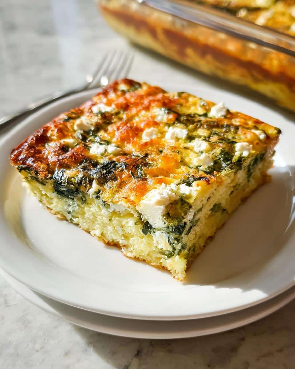 A square slice of Keto Breakfast Casserole with Spinach & Feta, featuring a golden-brown top and visible feta cheese chunks.