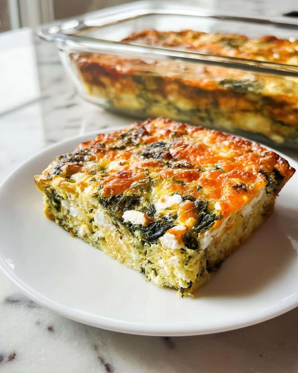 A square slice of Keto Breakfast Casserole with Spinach & Feta on a white plate, showing baked eggs, green spinach, and white feta cheese.