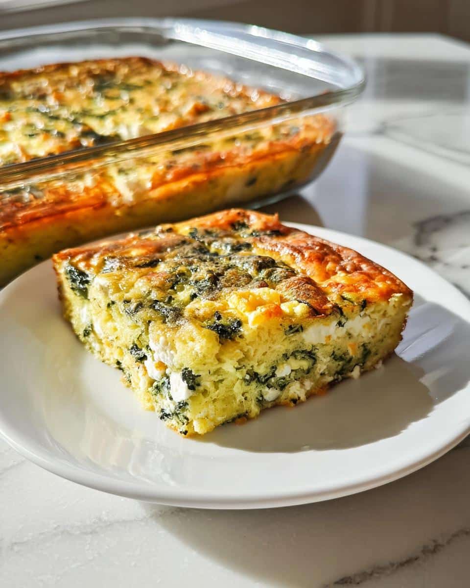 A thick slice of Keto Breakfast Casserole with Spinach & Feta served on a white plate, with the baking dish in the background.