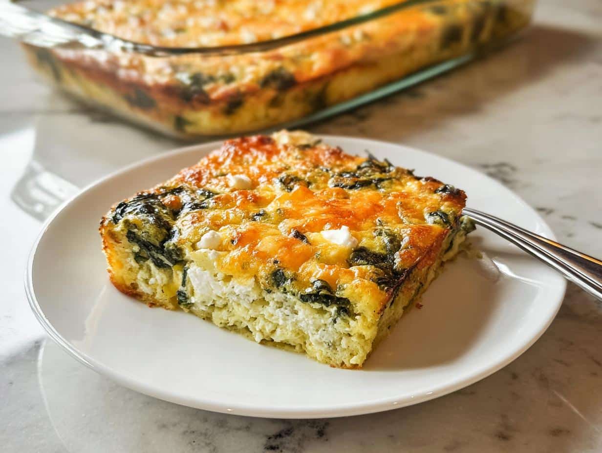 A square slice of Keto Breakfast Casserole with Spinach & Feta on a white plate, showing a cheesy, browned top.