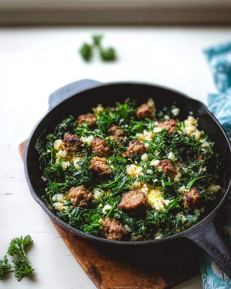 A cast iron skillet filled with a Keto Breakfast Skillet featuring sausage crumbles, wilted kale, and scrambled egg bits.