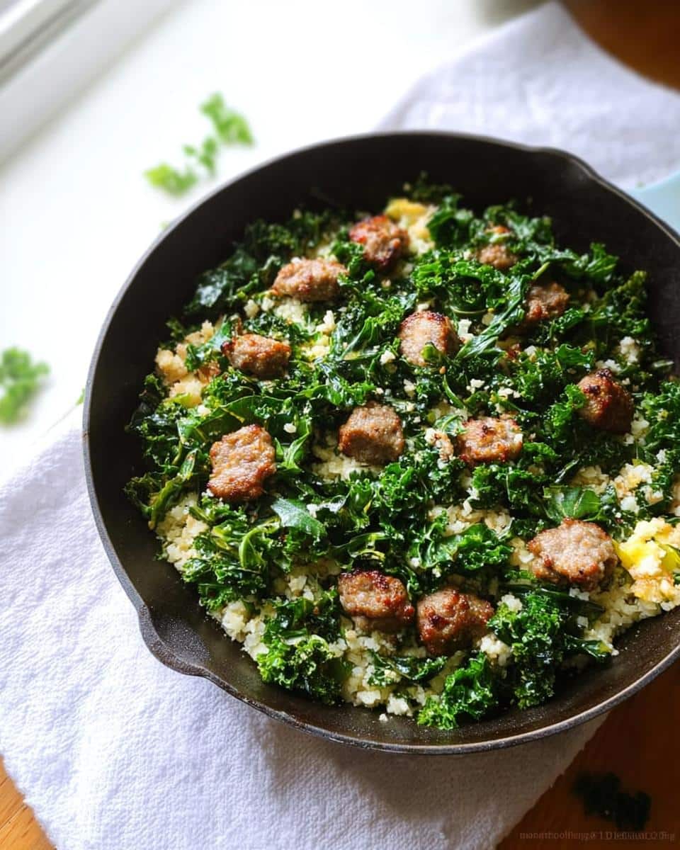 A cast iron skillet filled with Keto Breakfast Skillet ingredients: cauliflower rice, sautéed kale, and browned sausage pieces.