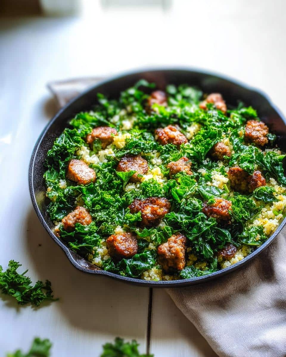 A close-up of a Keto Breakfast Skillet featuring crumbled sausage pieces nestled in bright green kale and cauliflower rice.
