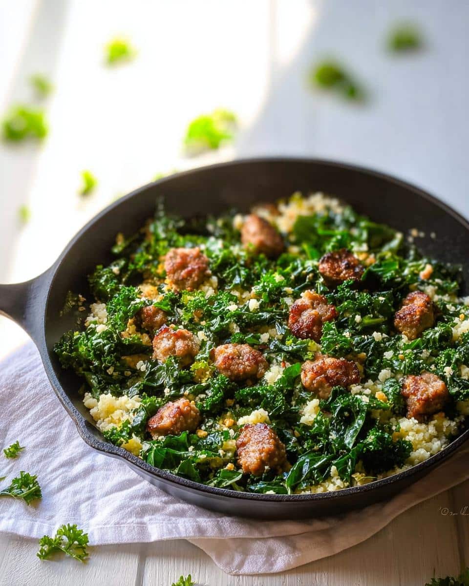 A cast iron skillet filled with a Keto Breakfast Skillet featuring sausage pieces, wilted kale, and cauliflower rice.