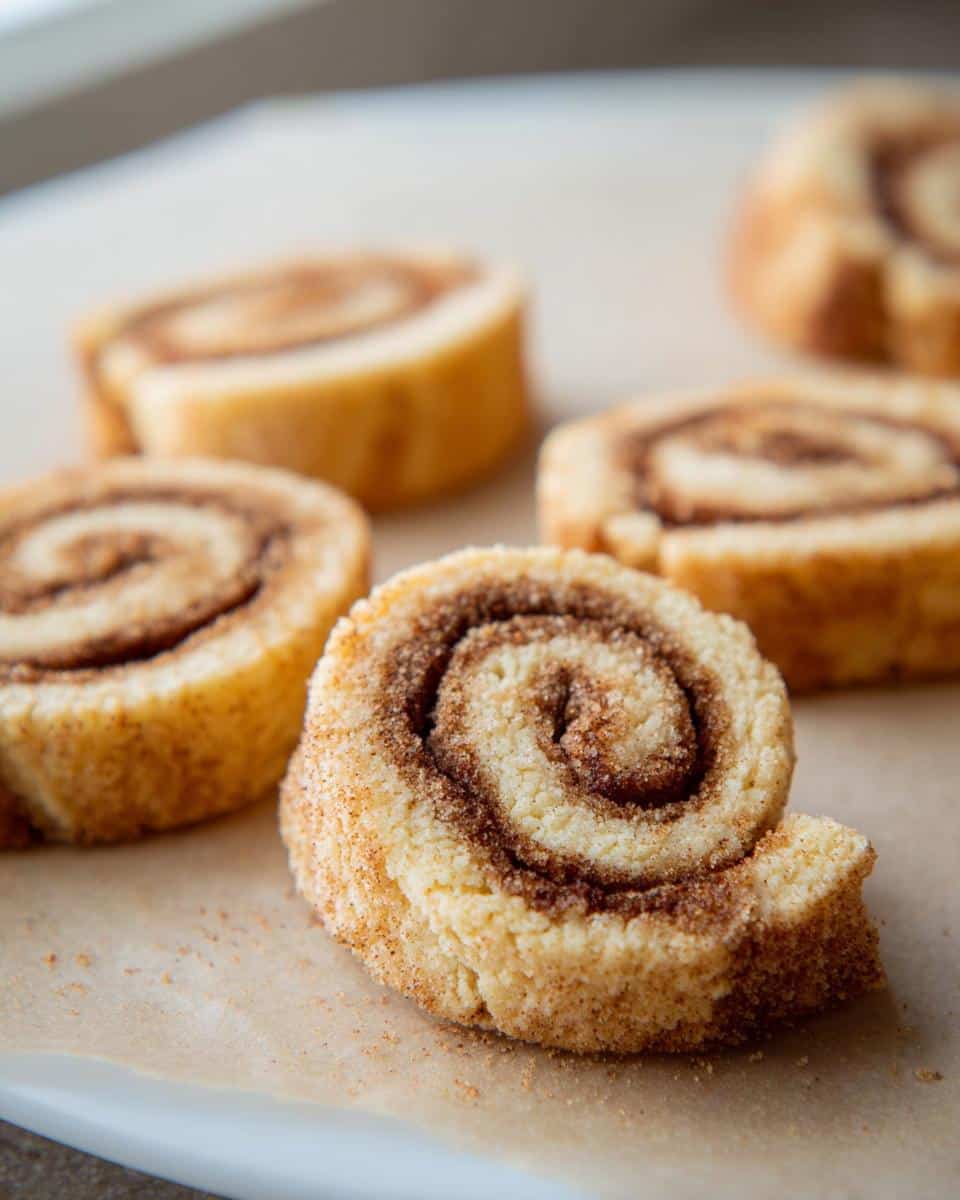 Close-up of several Keto Cinnamon Shortbread Cookies sliced into pinwheels dusted with cinnamon sugar.