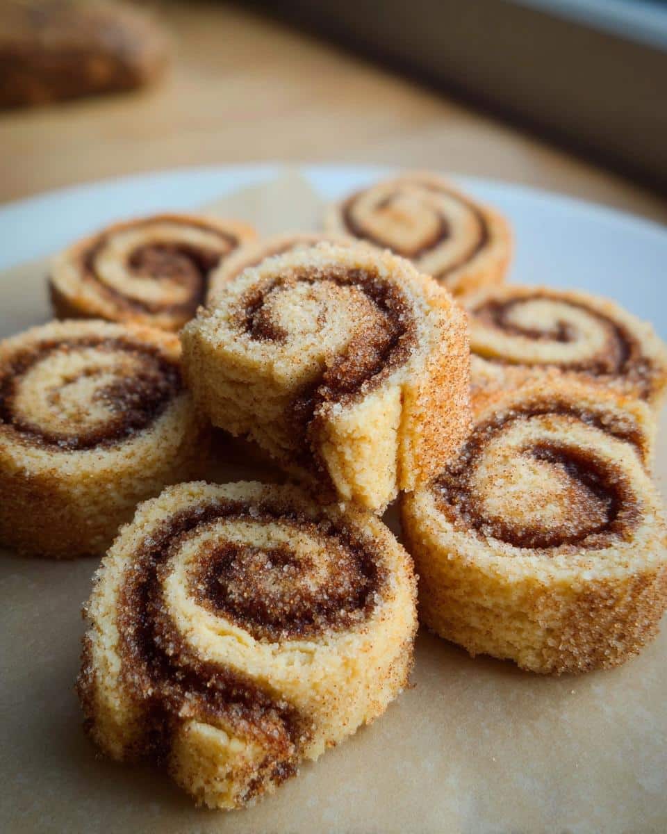 A pile of freshly baked Keto Cinnamon Shortbread Cookies sliced into pinwheels, coated in cinnamon sugar.