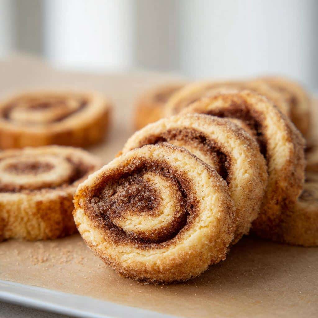Close-up of sliced Keto Cinnamon Shortbread Cookies showing the swirl of cinnamon filling and sugary coating.