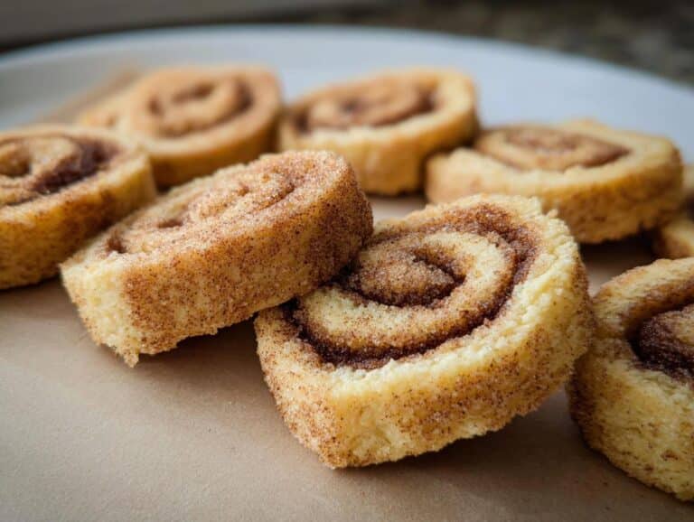 Close-up of several slices of Keto Cinnamon Shortbread Cookies, showing the swirl pattern and cinnamon sugar coating.
