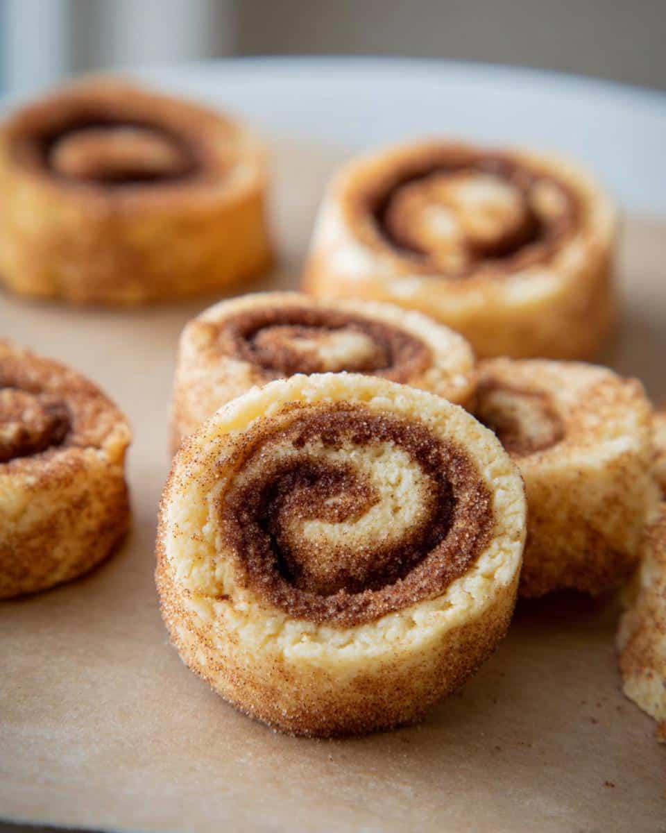 Close-up of several freshly baked Keto Cinnamon Shortbread Cookies showing the swirl pattern and cinnamon sugar coating.