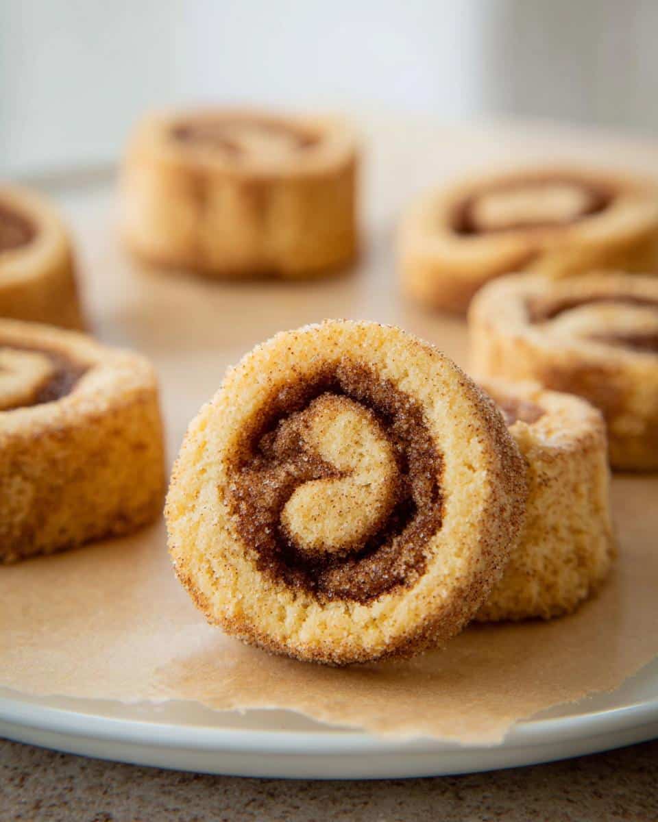 A close-up of a Keto Cinnamon Shortbread Cookies slice showing the cinnamon swirl center, coated in cinnamon sugar.